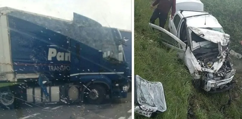 Accident mortal suprins pe cameră! Un Logan intrat pe contrasens a fost spulberat de un TIR!  (Atenție, imagini cu puternic impact emoțional)
