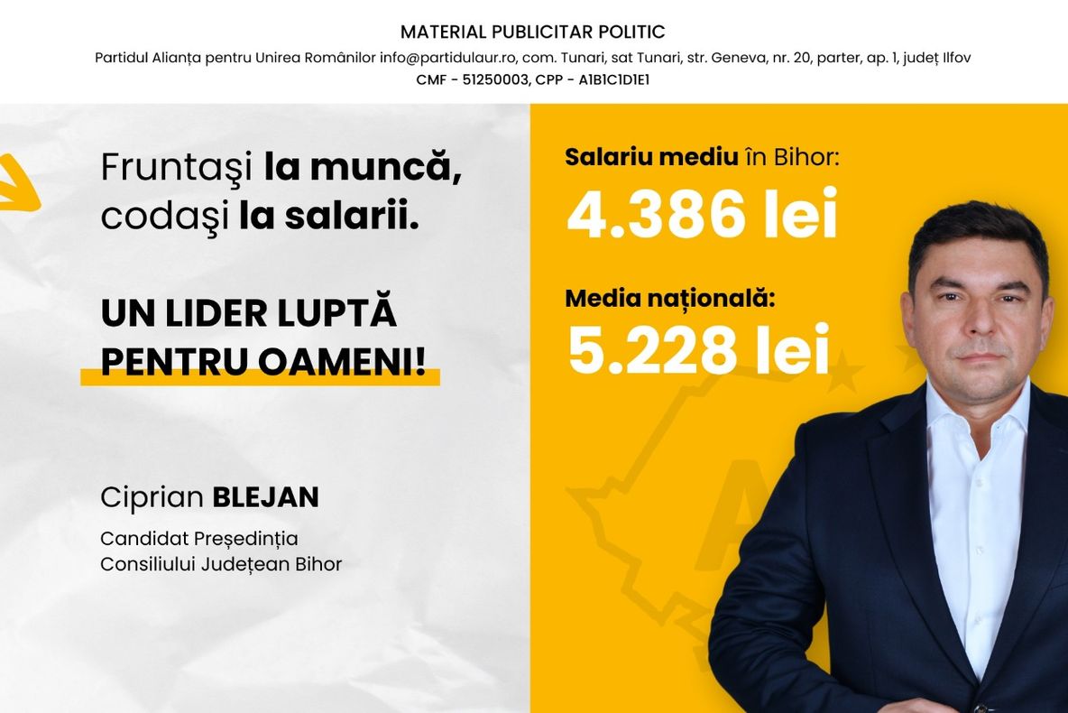 CIPRIAN BLEJAN, CANDIDAT AUR LA PREŞEDENŢIA CONSILIULUI JUDEȚEAN BIHOR: „BIHORENII MUNCESC PE BRÂNCI. AJUNGE CU SALARIILE DE SUBZISTENŢĂ”