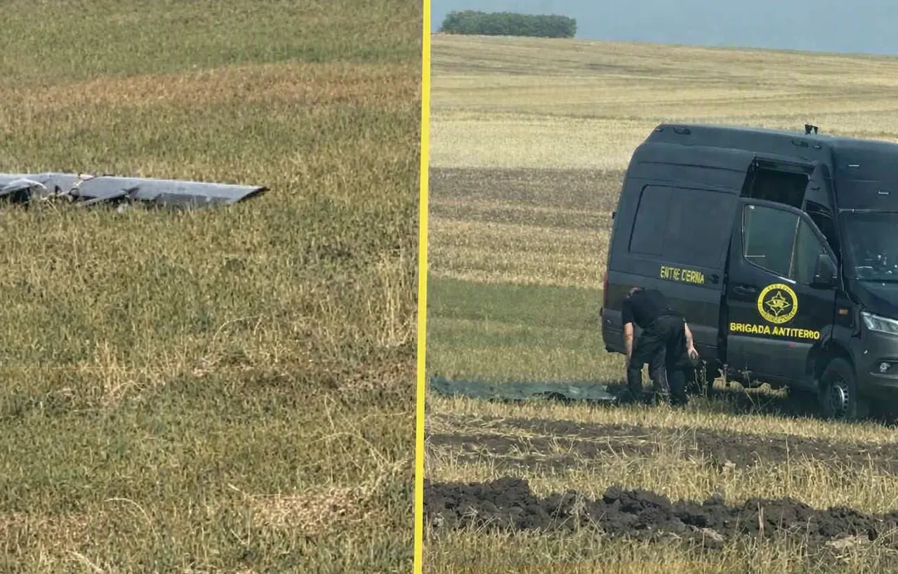 Dronă avariată, descoperită pe un câmp din Vaslui. Brigada Antitero verifică dacă avea încărcătură explozivă