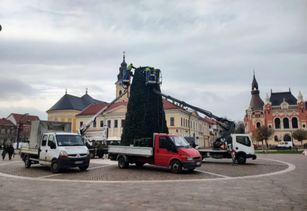 A început montarea iluminatului festiv în Oradea | Luminițele vor fi aprinse pe 2 decembrie