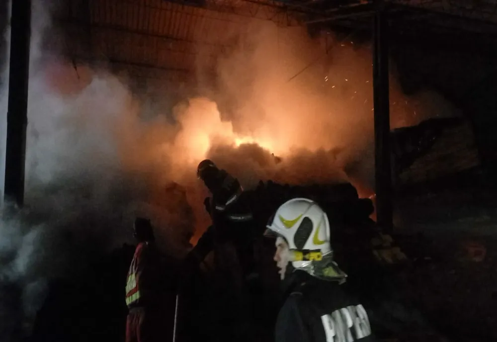 UPDATE: Incendiu de amploare produs la un depozit de material lemnos din Săcuieni