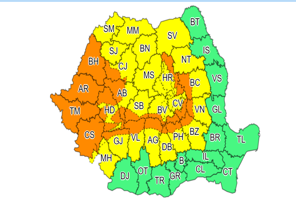 Avertizări COD GALBEN și COD PORTOCALIU de ploi torențiale și furtuni pentru cea mai mare parte din țară, până vineri