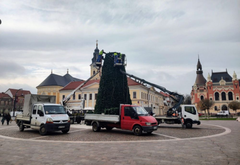 A început montarea iluminatului festiv în Oradea | Luminițele vor fi aprinse pe 2 decembrie