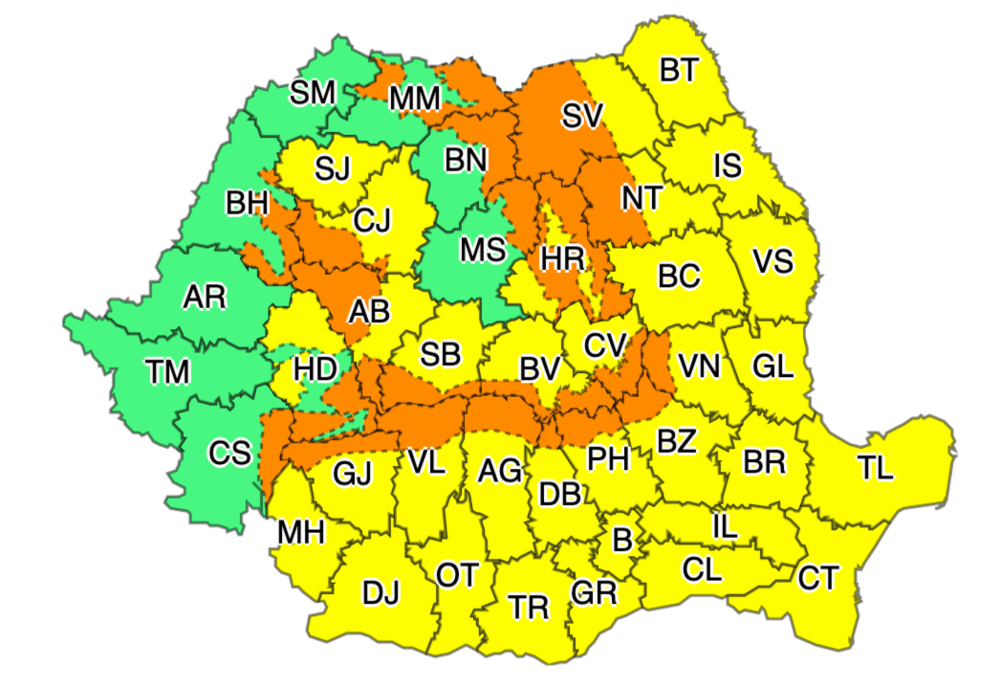 ANM - Alerte cod galben și portocaliu emise în aproape toată țara