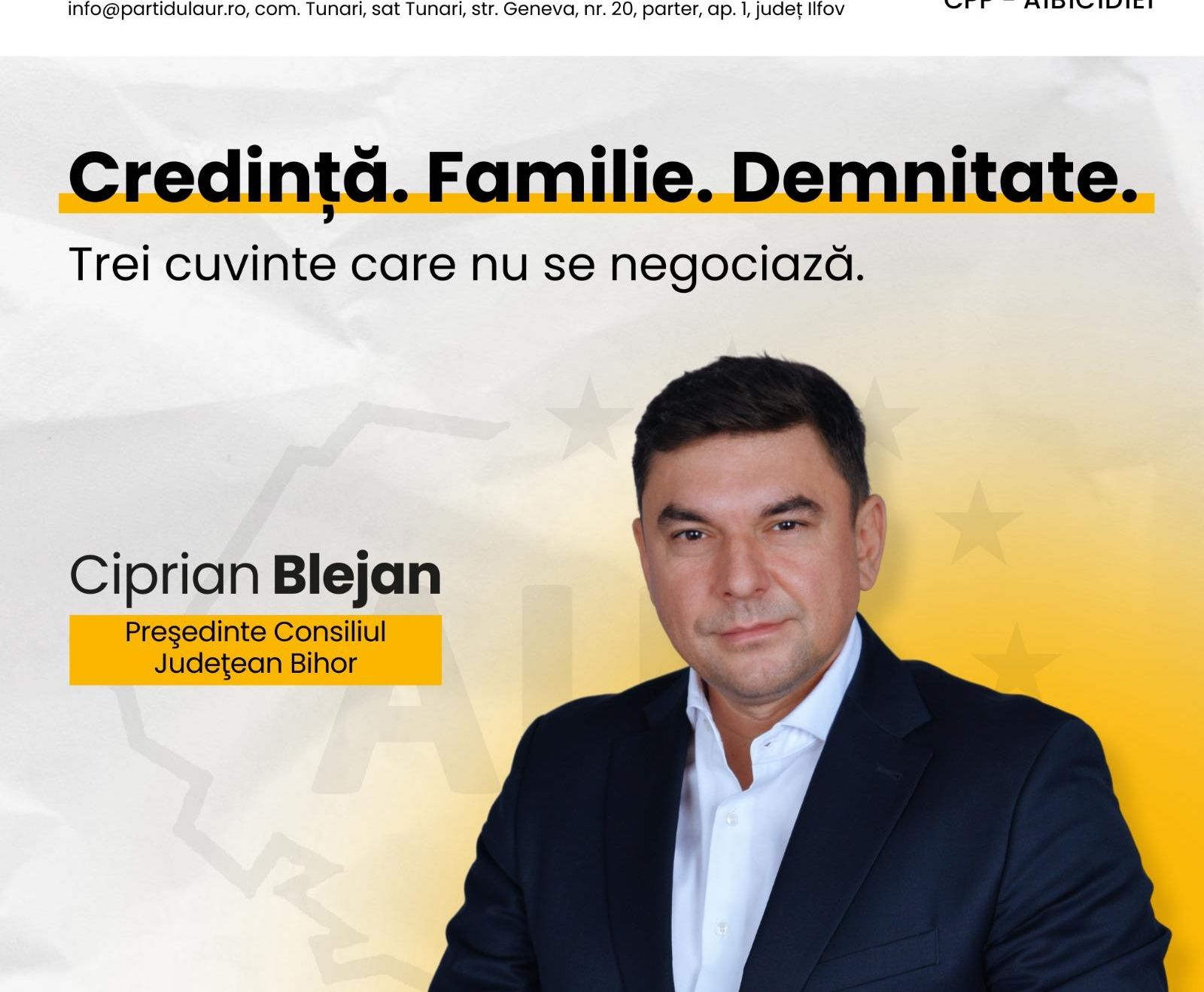 CIPRIAN BLEJAN, CANDIDAT AUR LA PREŞEDENŢIA CONSILIULUI JUDEȚEAN BIHOR: ”CREDINȚĂ. FAMILIE. DEMNITATE. TREI CUVINTE CARE NU SE NEGOCIAZĂ.”