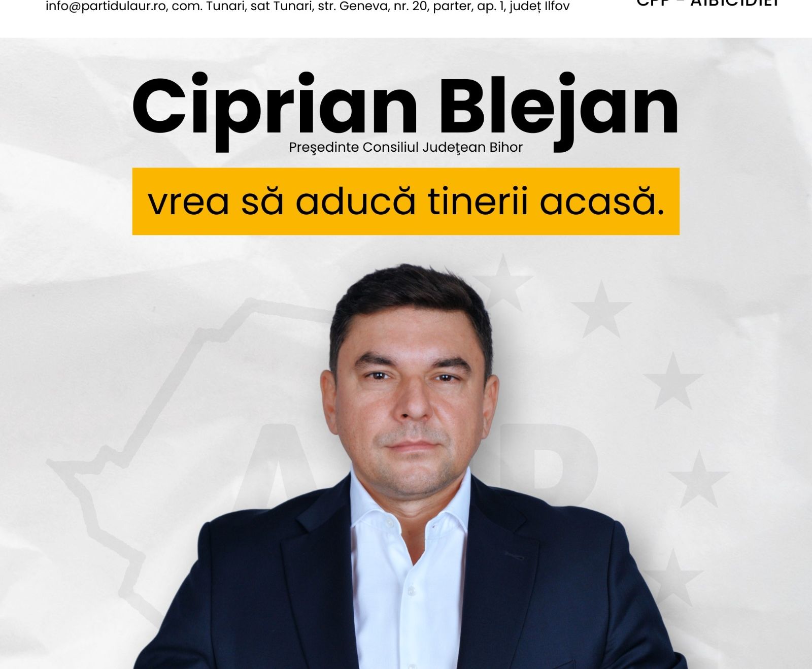 CIPRIAN BLEJAN, CANDIDAT AUR LA PREŞEDENŢIA CONSILIULUI JUDEȚEAN BIHOR: ”SATUL NU MOARE DACĂ NE PASĂ. CIPRIAN BLEJAN VREA SĂ ADUCĂ TINERII ACASĂ”