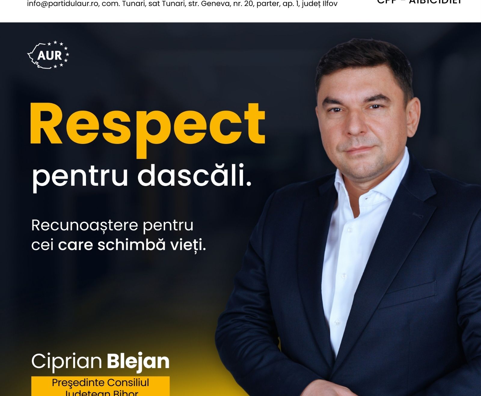 CIPRIAN BLEJAN, CANDIDAT AUR LA PREŞEDENŢIA CONSILIULUI JUDEȚEAN BIHOR: ”RESPECT PENTRU DASCĂLI. RECUNOAȘTERE PENTRU CEI CARE SCHIMBĂ VIEȚI”