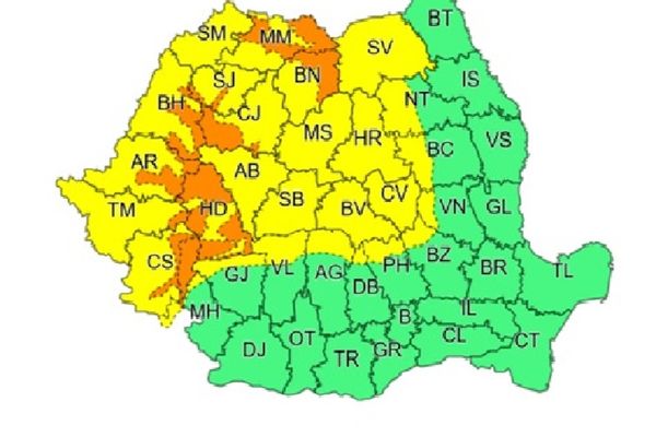 Administrația Națională de Meteorologie a emis o avertizare meteo cod portocaliu de vreme rea