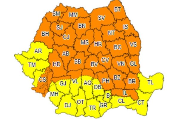 ANM a emis sâmbătă, atenționări meteo COD GALBEN și COD PORTOCALIU de vreme extremă