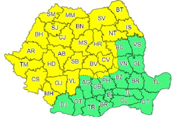 Avertizare COD GALBEN, în 29 de județe, printre care și  Bistrița-Năsăud, Bihor, Cluj, Maramureș, Mureș, Satu Mare și Sălaj 