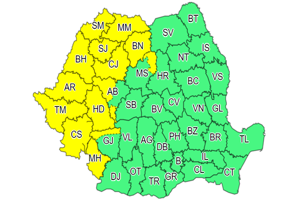 COD GALBEN de ploi și vânt, în 14 județe din Banat, Crișana, Maramureș, Transilvania și Oltenia