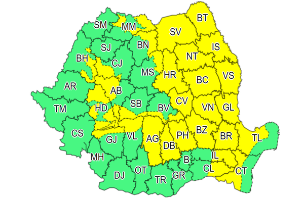 COD GALBEN de instabilitate atmosferică, pentru mai multe zone din țară